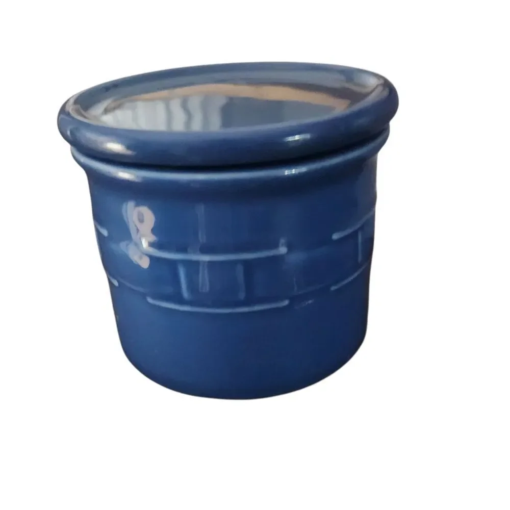 Longaberger Pottery Ceramic Canister with Lid Blue Weave Pattern 4 Inch USA